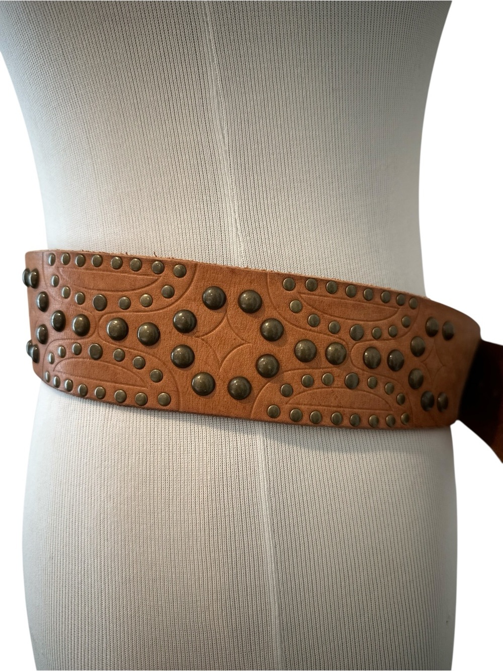 Wide Brown Leather Studded Waist Belt with Brass Buckle - Picture 4 of 14